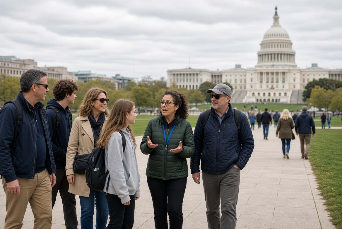 Guide with a group on the National Mall