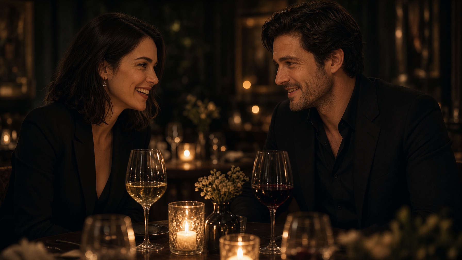 A candlelit dinner table set for two